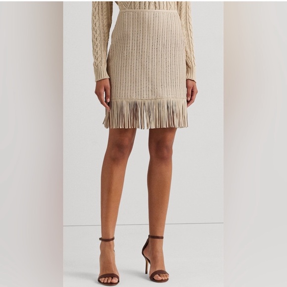 Ralph Lauren Dresses & Skirts - $595 NWT Ralph Lauren Fringe Trim Leather Woven Skirt Beige Leather size…